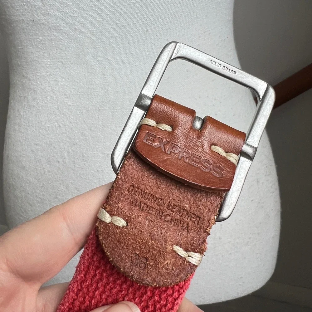 Vintage Red Canvas Brown‎ Leather Belt Silver Buckle Preppy Statement